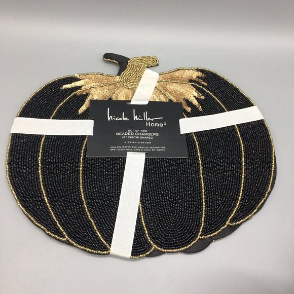 x4 Nicole Miller Halloween Beaded Pumpkin Placemat Set Black Gold Designer Decor - Picture 2 of 7